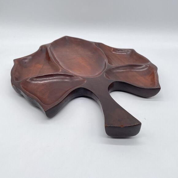 Vintage Solid Mahogany Leaf Tray Hand Carved Serving Dish Haiti Wood Platter 17” - Picture 3 of 10